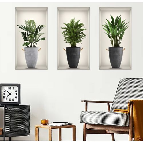3D Wall Stickers Set of 3 - PVC Floral & Green Plant Decor, 23x45cm