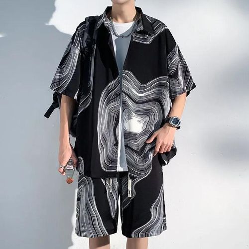 Men's Black Short Sleeve Shirt & Shorts Set - Relaxed Fit, Casual Summer Outfit, Sizes M-XXXL