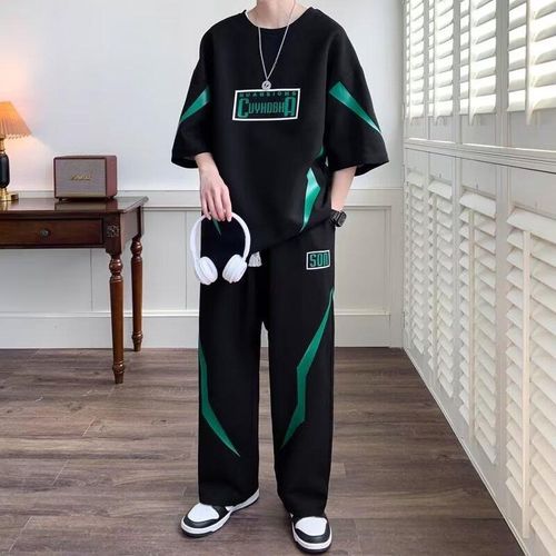 Men's Black Short Sleeve T-Shirt & Long Pants Set - Casual Sportswear, Sizes L-XXXL