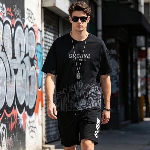 Men's Black T-Shirt & Shorts Set - Casual Slim Fit, Sizes L & XL