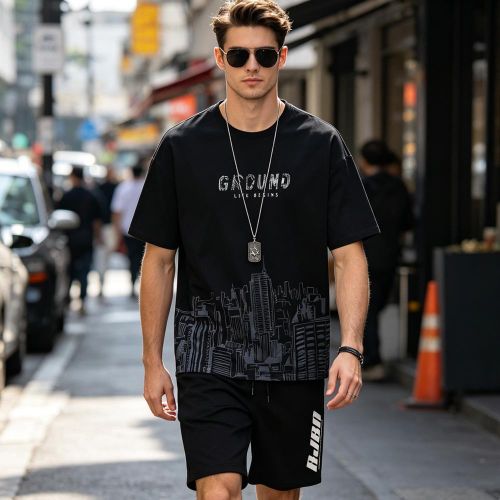 Men's Black T-Shirt & Shorts Set - Casual Slim Fit, Sizes L & XL