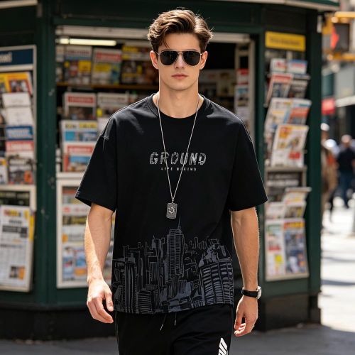 Men's Black T-Shirt & Shorts Set - Casual Slim Fit, Sizes L & XL