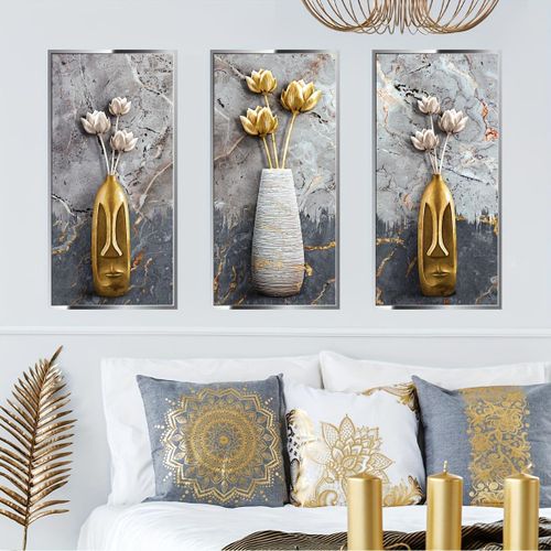 3D Lotus Flower Vase Wall Stickers, Frameless Self-Adhesive Art Decorative Decals (Set of 3)