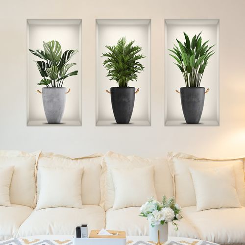 3D Wall Stickers Set of 3 - PVC Floral & Green Plant Decor, 23x45cm