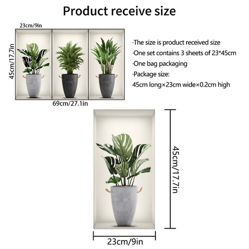 3D Wall Stickers Set of 3 - PVC Floral & Green Plant Decor, 23x45cm