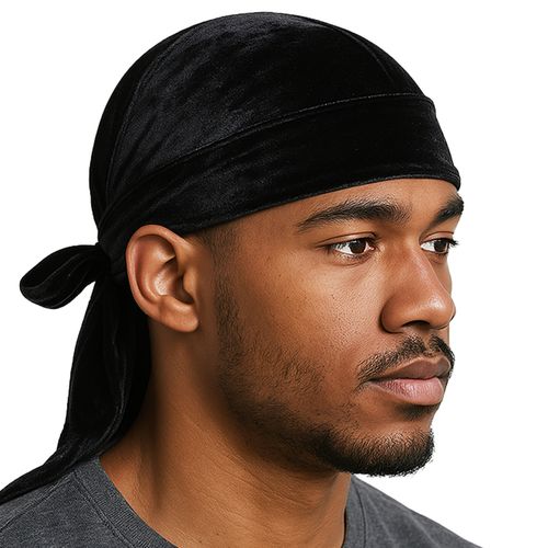 Unisex Black Silk Velvet Durag - Extra Long Straps, Soft & Breathable