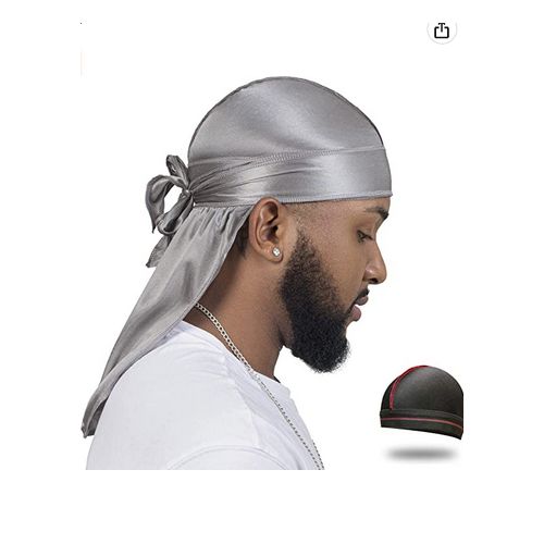 Gray Silk Durag for Men - Premium Satin Wave Cap, 43" Tails