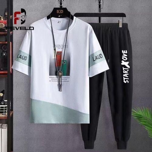 Men's White Summer T-Shirt & Jogger Pants Set - Casual Fitness Bundle