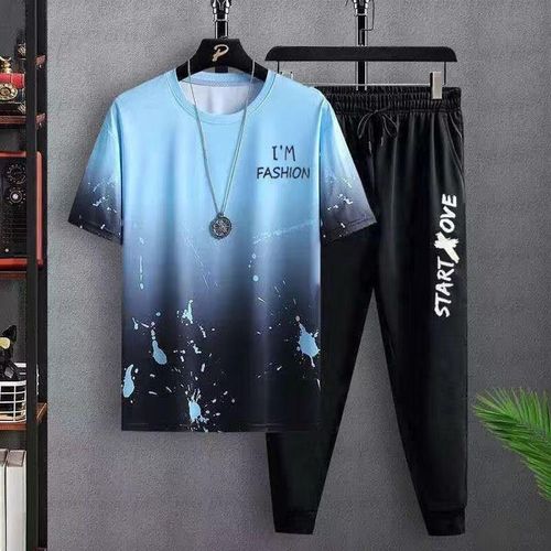 Men's Loose Fit Sports Suit - Blue Polyester T-Shirt & Pants