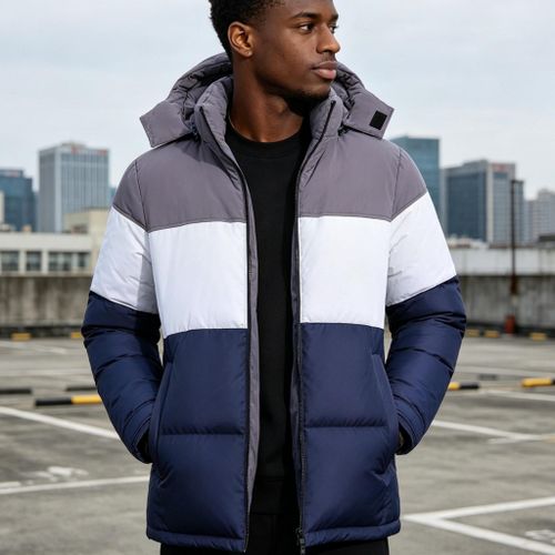 Men's Color Block Puffer Jacket With Hood Winter Warm Bubble Coat
