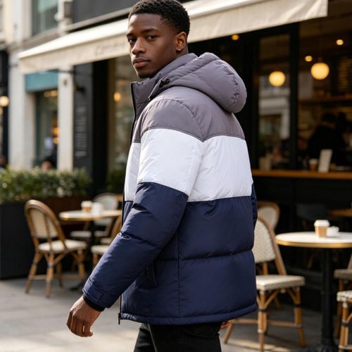 Men's Color Block Puffer Jacket With Hood Winter Warm Bubble Coat