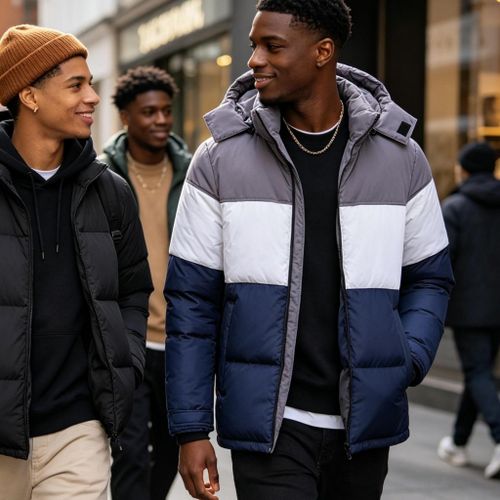 Men's Color Block Puffer Jacket With Hood Winter Warm Bubble Coat