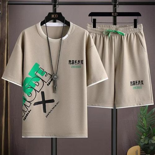 Men's Khaki Loose Fit T-Shirt & Shorts Set - L-2XL