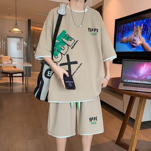 Men's Khaki Loose Fit T-Shirt & Shorts Set - L-2XL