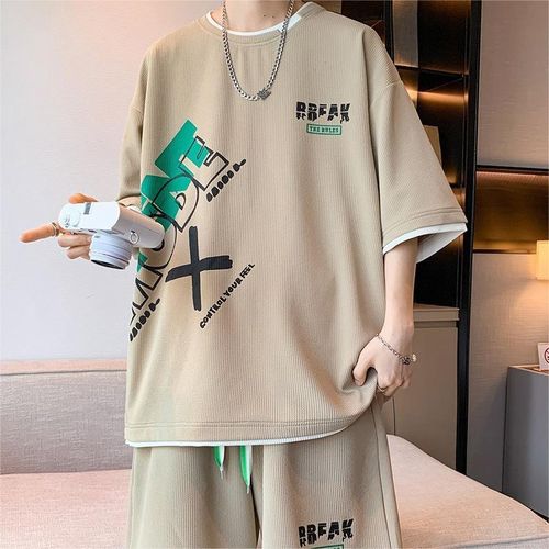 Men's Khaki Loose Fit T-Shirt & Shorts Set - L-2XL