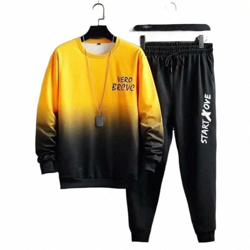 Men's Gradient Contrast Sweatshirt Set - Yellow, Sizes L-XXXL, Comfortable Fit, Casual Sportswear