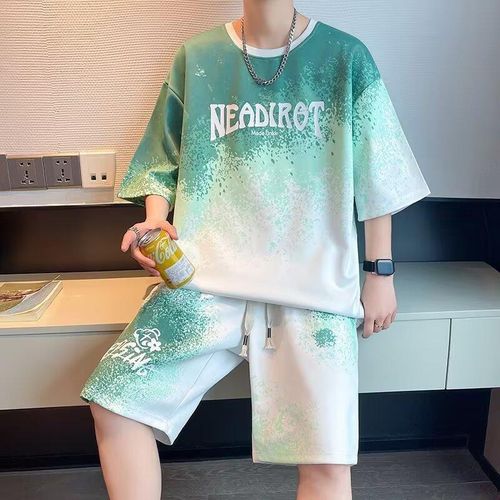 Men's Green Short-Sleeved T-Shirt & Shorts Set - Loose Fit, Summer Casual, Sizes L-XXL