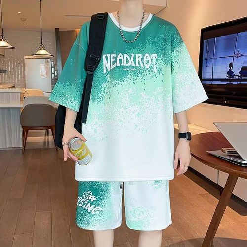Men's Green Short-Sleeved T-Shirt & Shorts Set - Loose Fit, Summer Casual, Sizes L-XXL