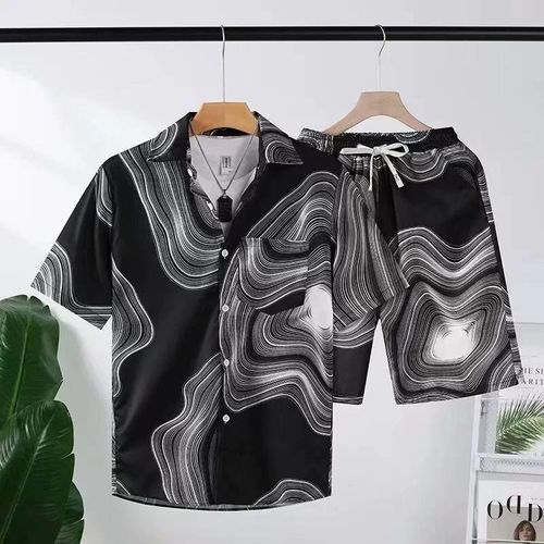 Men's Black Short Sleeve Shirt & Shorts Set - Relaxed Fit, Casual Summer Outfit, Sizes M-XXXL