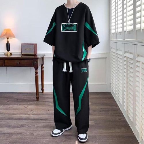 Men's Black Short Sleeve T-Shirt & Long Pants Set - Casual Sportswear, Sizes L-XXXL