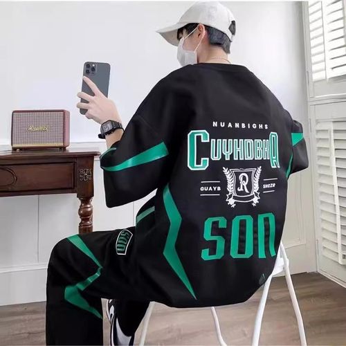 Men's Black Short Sleeve T-Shirt & Long Pants Set - Casual Sportswear, Sizes L-XXXL