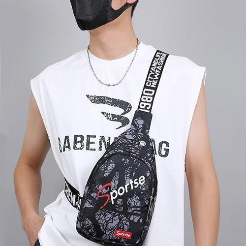 Men's Black Crossbody Bag - Terylene, Wide Strap, Portable Outdoor Storage